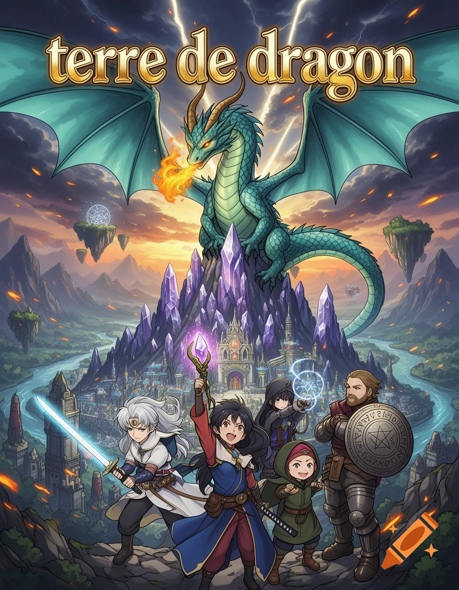 Manga-style fantasy book cover featuring a green dragon atop a crystal mountain, with a party of adventurers in the foreground.