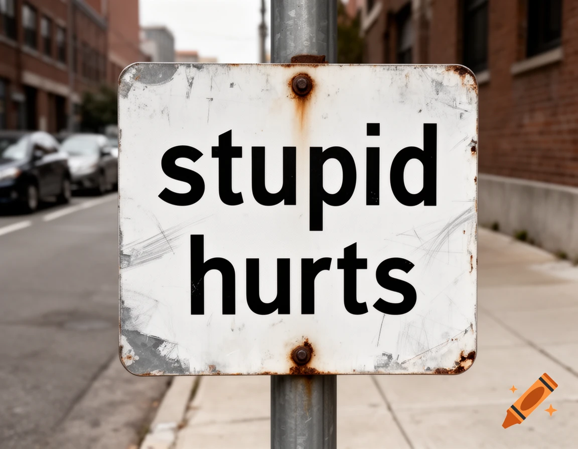 A weathered, rusted metal sign reading 'stupid hurts' mounted on a pole in an urban setting.