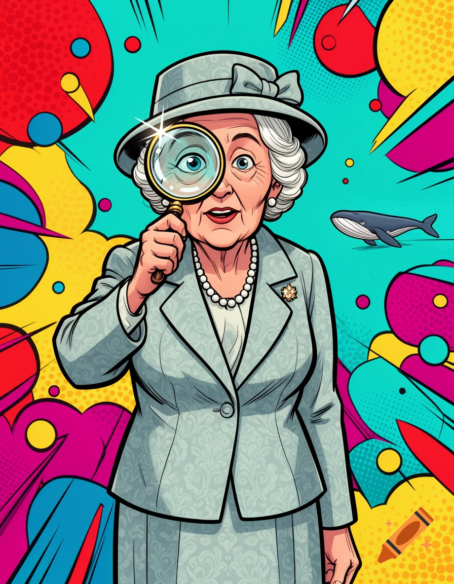 Pop art style illustration of Miss Marple looking through a magnifying glass with a small whale in the background.