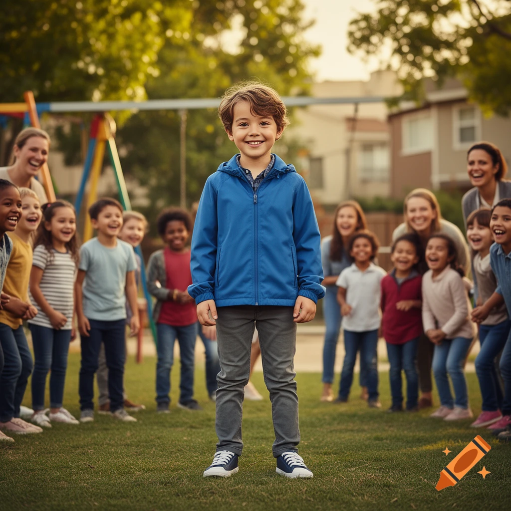 Photorealistic image of a young boy smiling in a blue jacket standing in a park surrounded by cheering children.