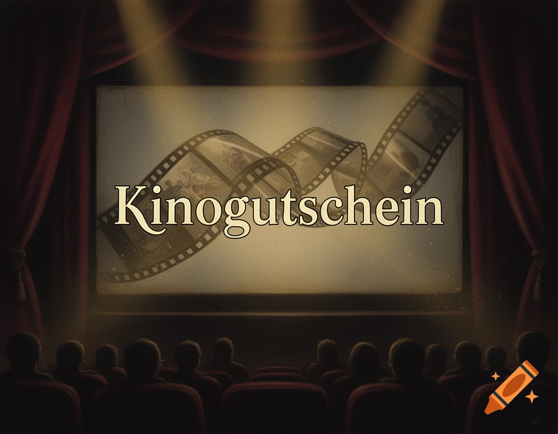 Digital illustration of a movie theater with a vintage screen showing a film strip and the text Kinogutschein, viewed from behind silhouettes of audience members.