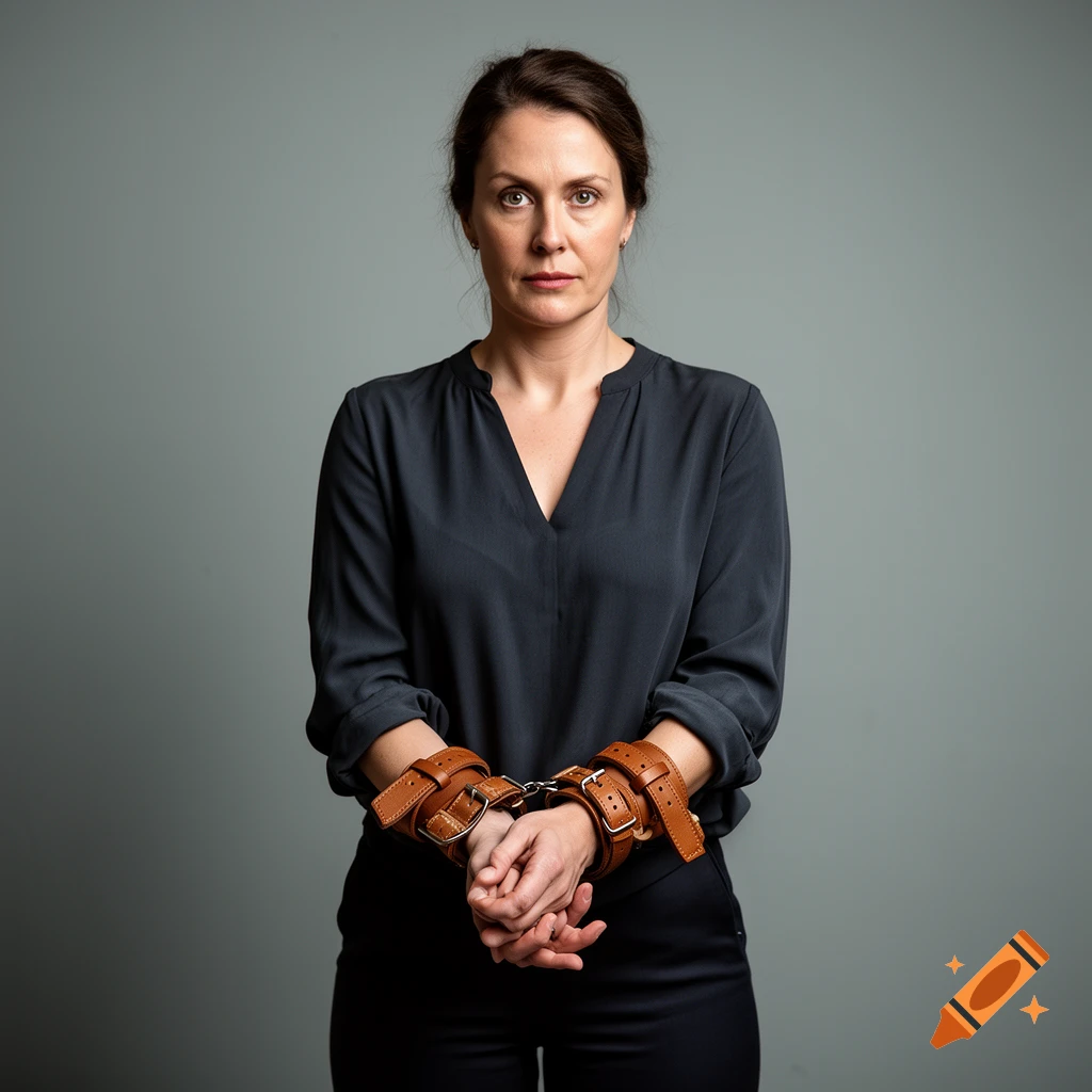 Photorealistic portrait of a woman wearing a dark blouse and leather restraints on her wrists, against a grey background.