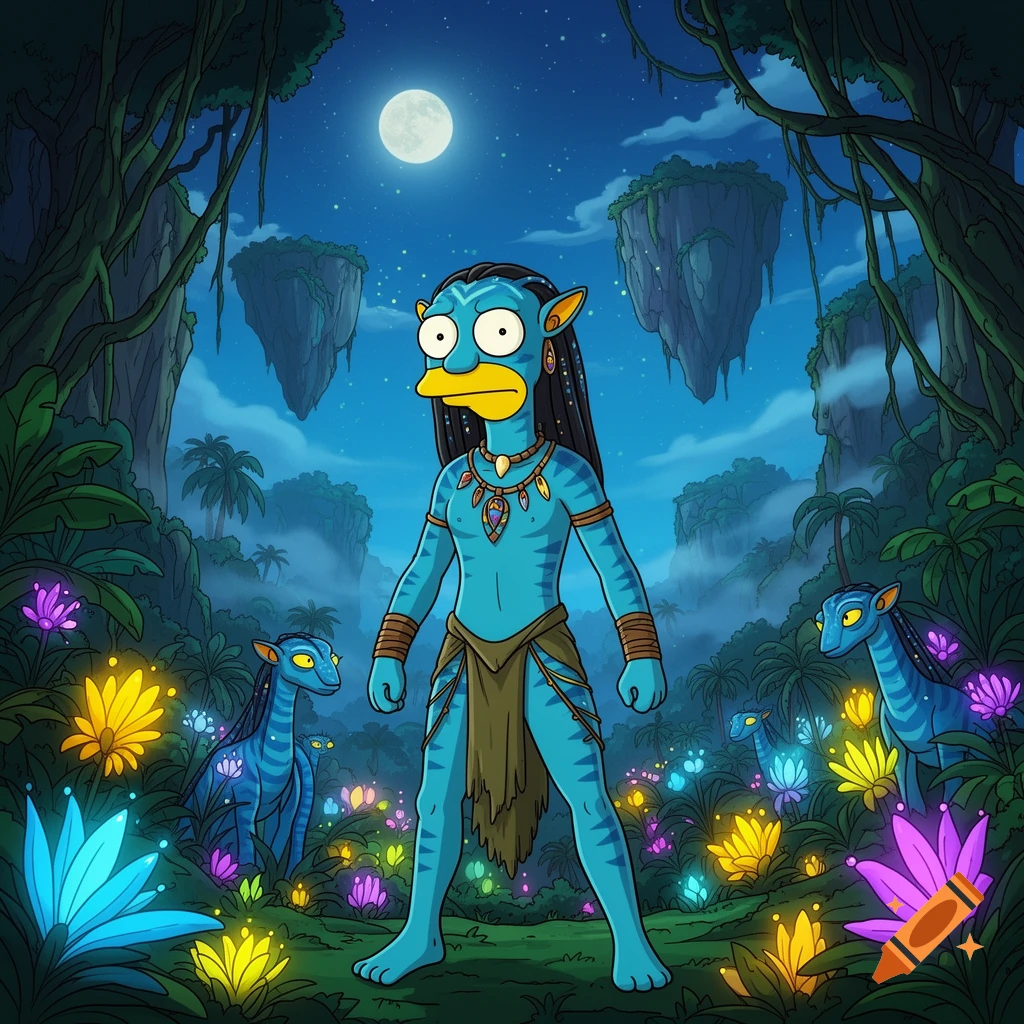 A character blending Avatar and The Simpsons styles stands in a glowing alien jungle at night under a full moon, digital art.