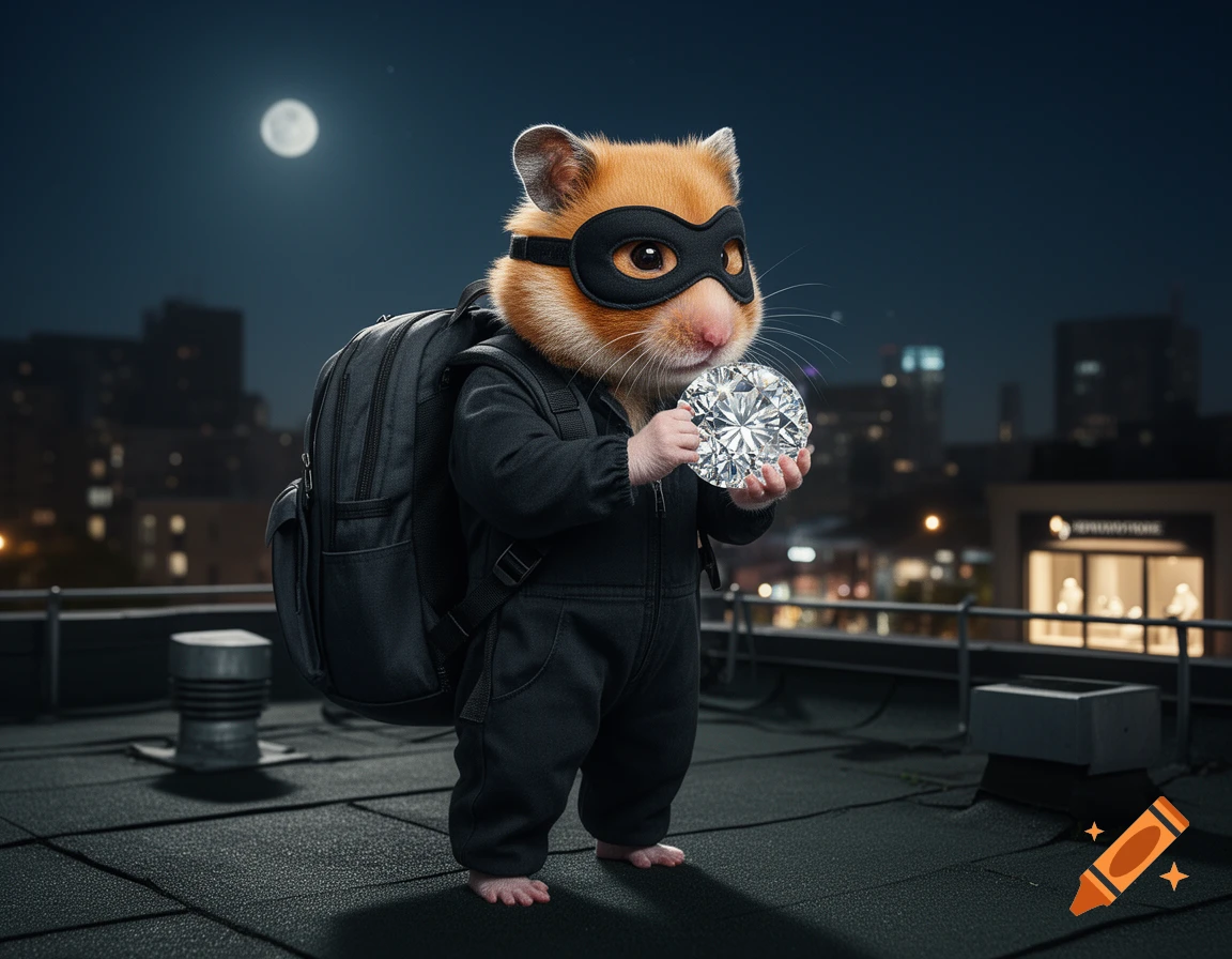 A photorealistic golden hamster dressed as a burglar in a black jumpsuit and mask, holding a large diamond on a rooftop at night.