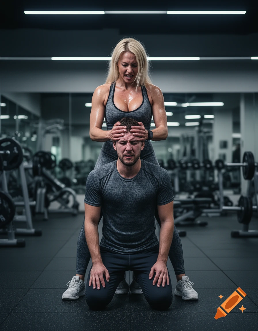 Photorealistic image of a muscular blonde woman in a gym outfit jokingly crushing the head of a kneeling man in a gym.