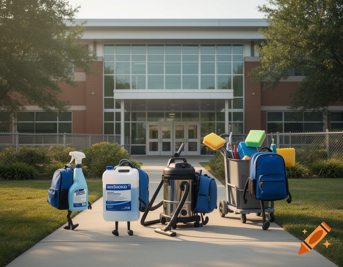Photorealistic image of anthropomorphic cleaning supplies with backpacks walking towards a school building.