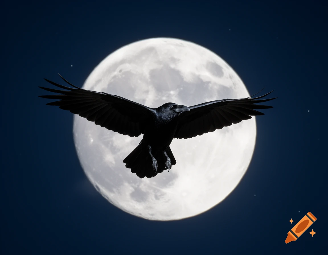 A black raven flying with wings spread wide in front of a large full moon against a dark blue night sky, photorealistic.