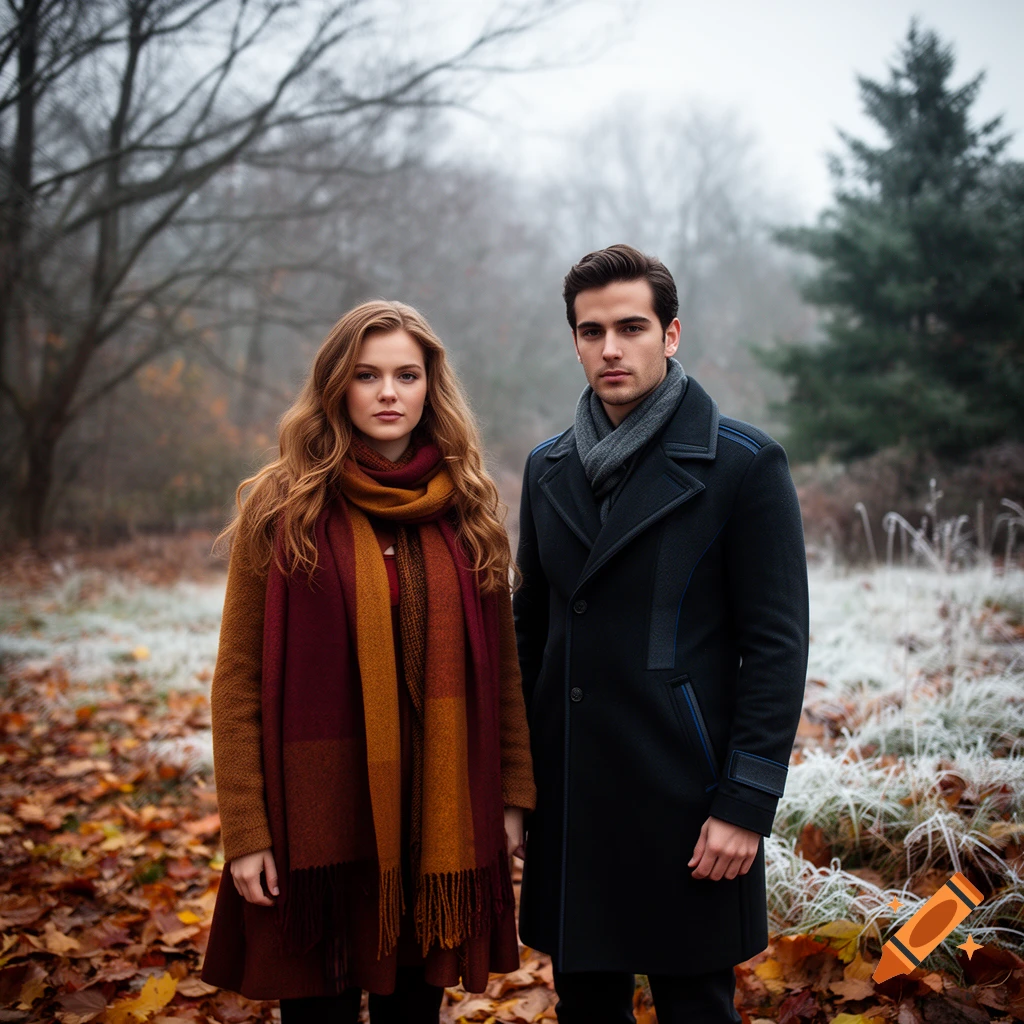 Photorealistic portrait of a young woman with a red scarf and a man in a black coat standing in an autumn forest.