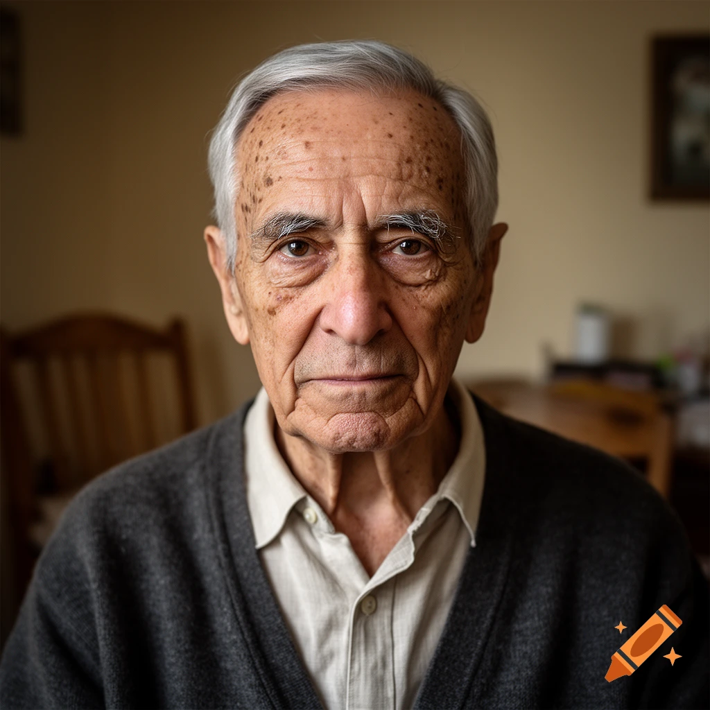 Photorealistic close-up portrait of an elderly man with gray hair and freckles, wearing a dark sweater over a collared shirt.