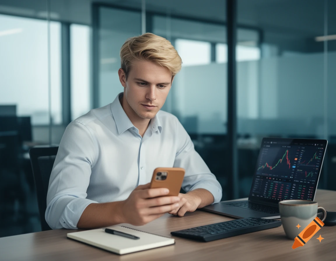 Photorealistic image of a young blonde man in a blue shirt sitting at an office desk looking at his smartphone, with a laptop showing financial charts and a coffee mug.