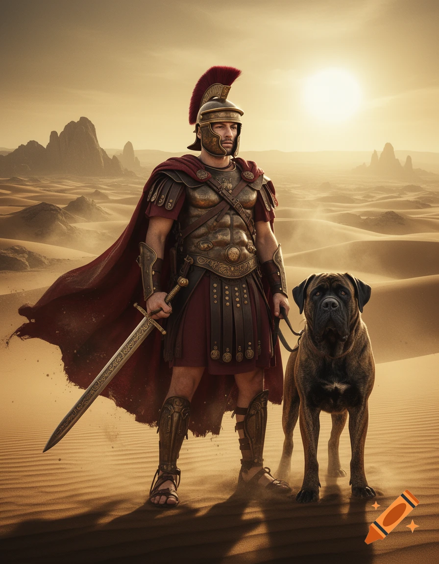 Photorealistic image of a Roman soldier in full armor holding a sword, standing with a large mastiff in a desert landscape during sunset.