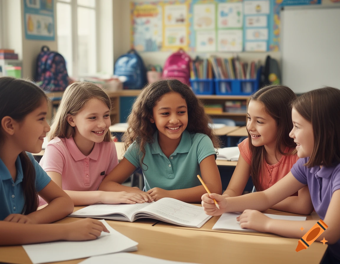 Five young girls smiling and sitting around a classroom desk with notebooks, pencils, and school supplies in the background.