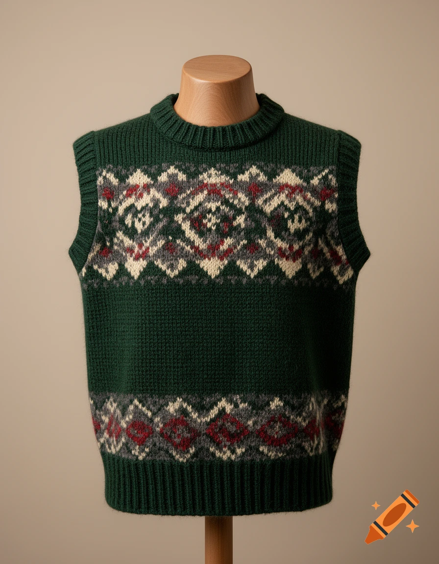 A dark green knitted vest with a Fair Isle pattern displayed on a wooden mannequin against a neutral background.