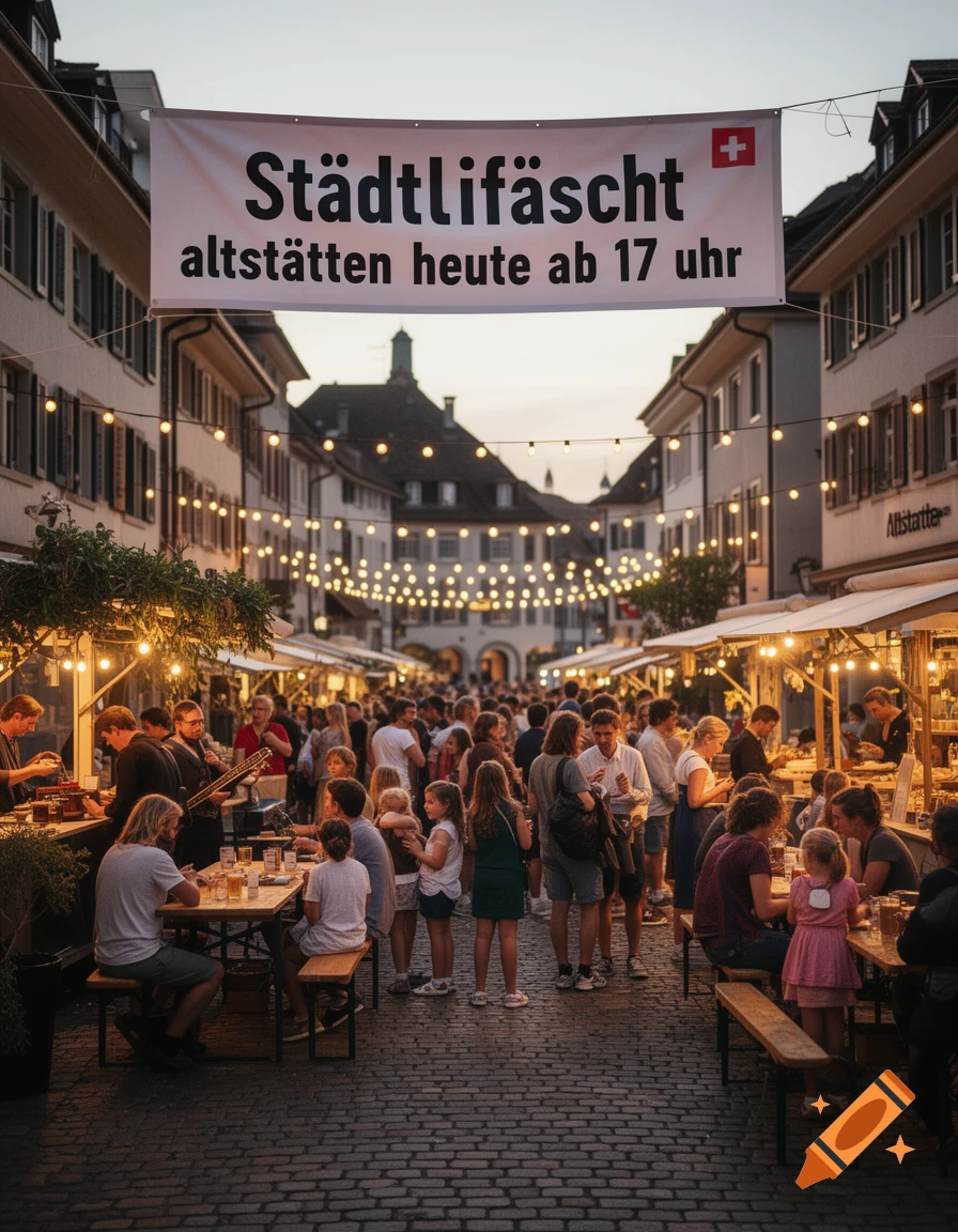 Photorealistic evening street scene of a festival in Altstätten with people at wooden tables, string lights, and a large banner overhead.