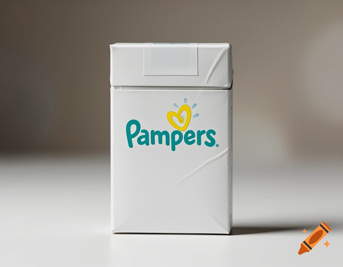 Photorealistic image of a white cigarette pack featuring the Pampers brand logo and a yellow heart icon.
