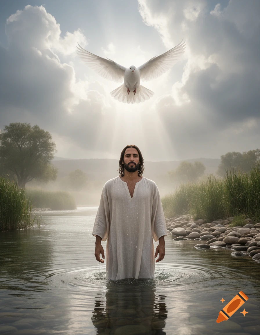 Photorealistic depiction of Jesus standing in a river with a white dove descending from cloudy skies above.