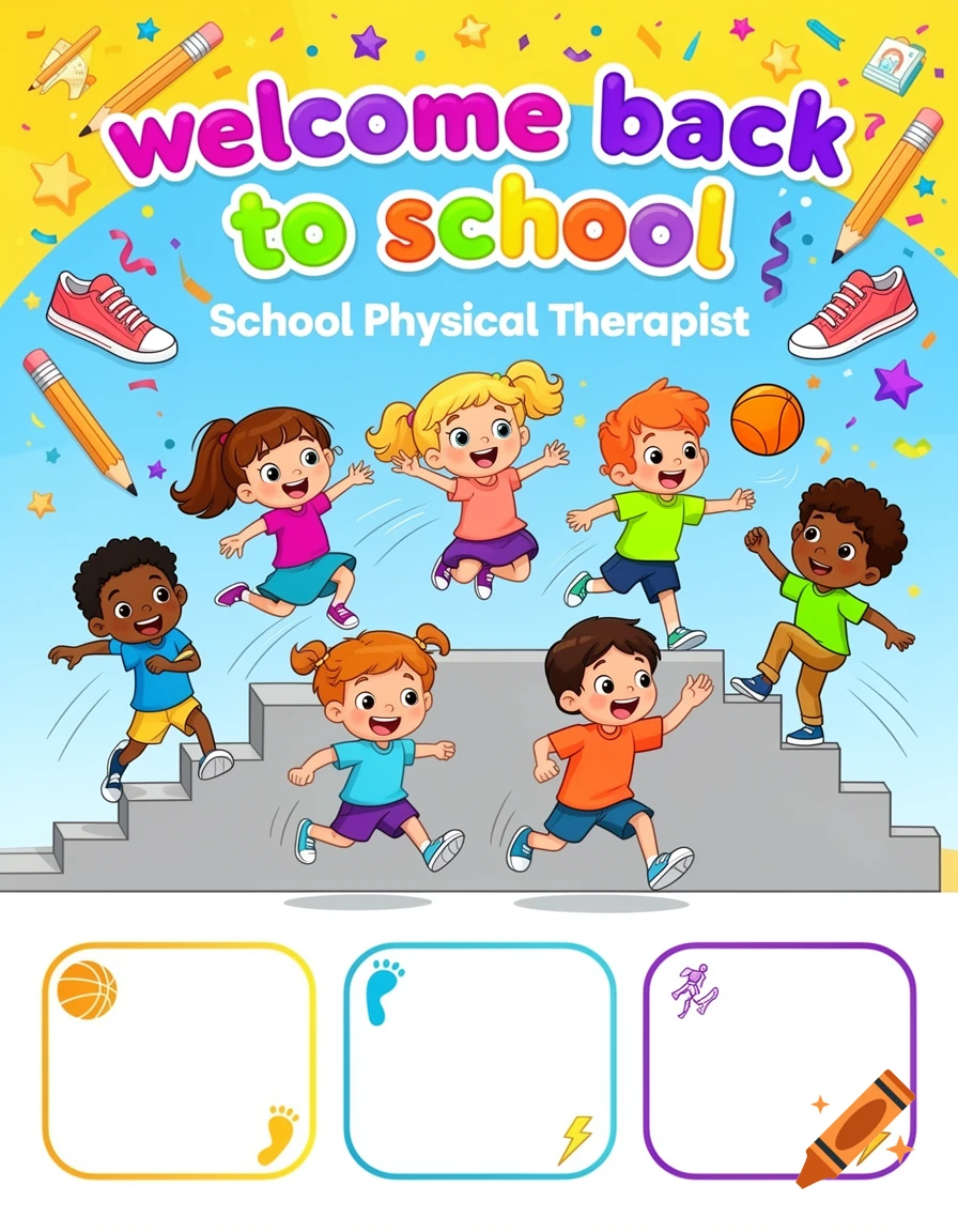 Colorful back to school flyer illustration featuring diverse cartoon children jumping and running on stairs.