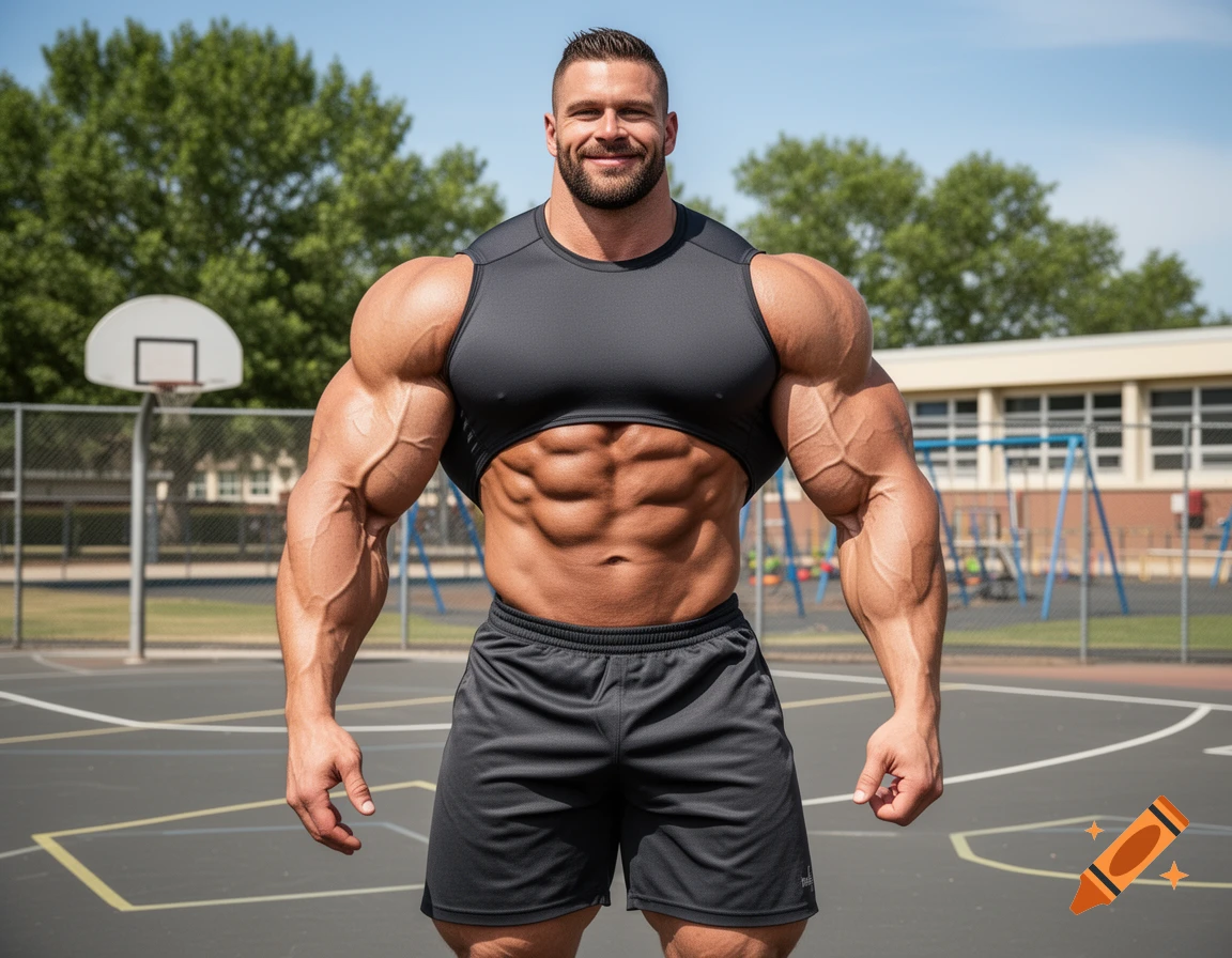 Photorealistic image of an extremely muscular man standing on a school basketball court.
