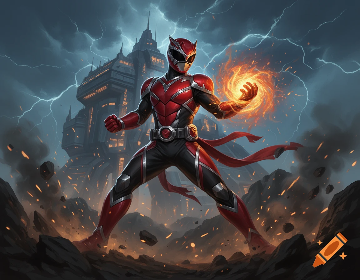A Red Power Ranger-style hero standing in a dynamic pose amidst a stormy, lightning-filled landscape with a futuristic castle in the background, summoning fire in their hand.