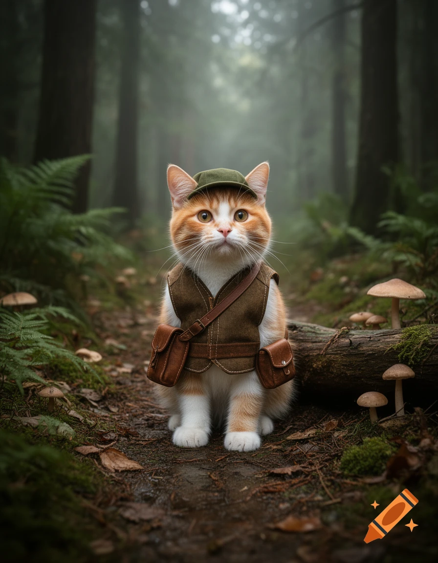 Photorealistic image of a cute orange and white cat wearing a hunter vest and cap in a misty forest.