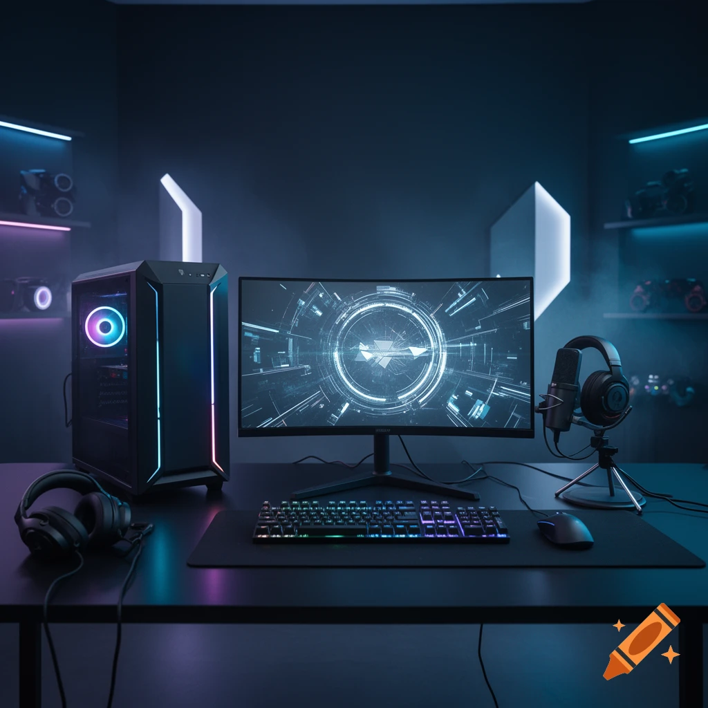 Modern gaming setup with a curved monitor, glowing PC tower, keyboard, mouse, and headphones on a dark desk in a neon-lit room.