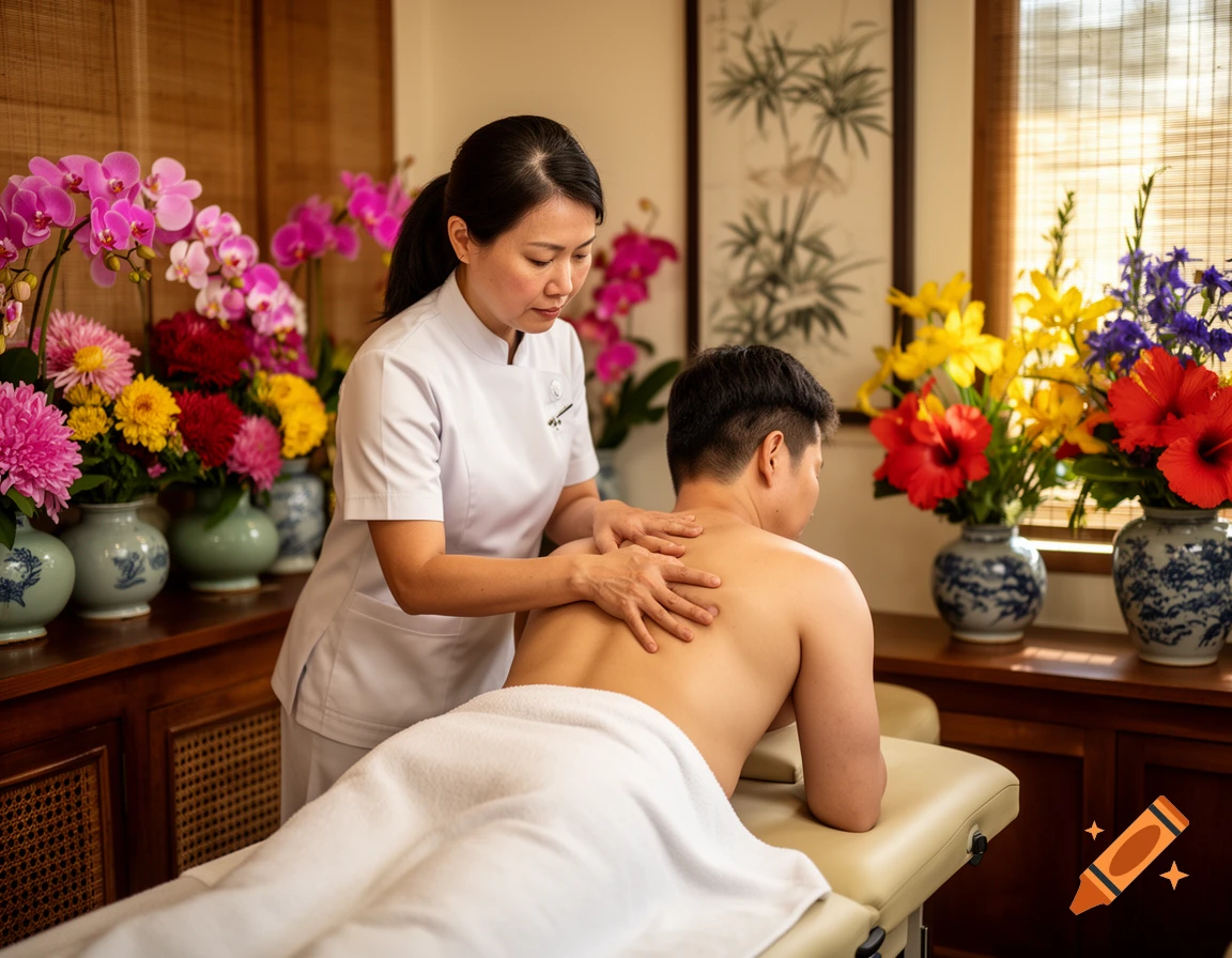 Photorealistic image of an Asian female masseuse giving a back massage to a male client in a spa room with colorful flowers.
