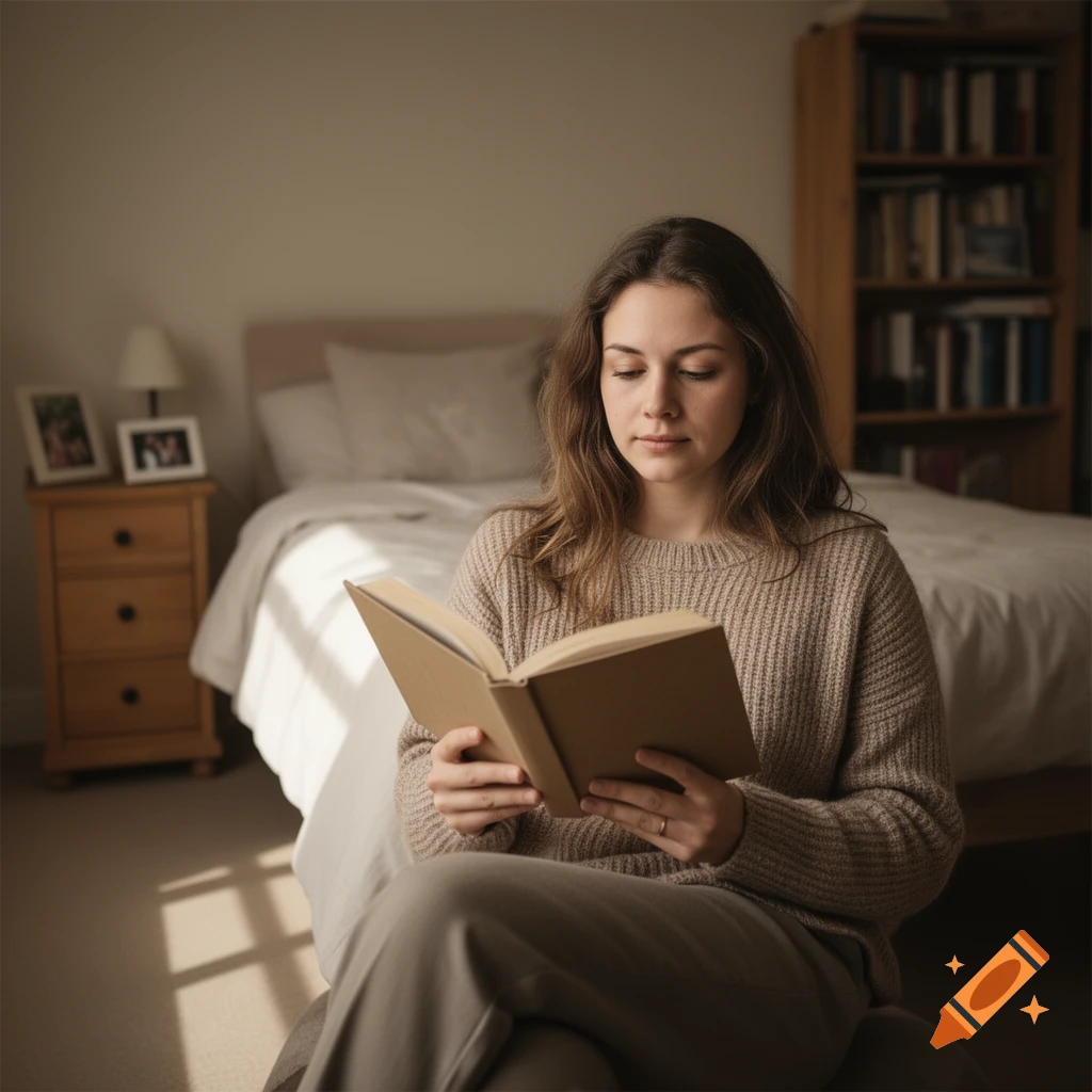 A young woman with long hair sitting in a bedroom and reading a book, photorealistic.