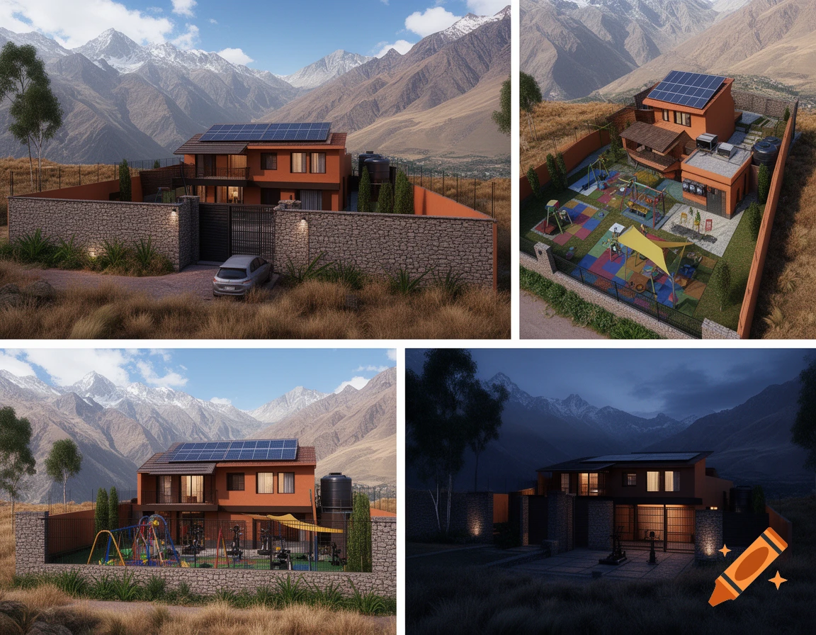 Photorealistic architectural concept of a two-story orange house with solar panels, a walled perimeter, playground, and mountain backdrop.