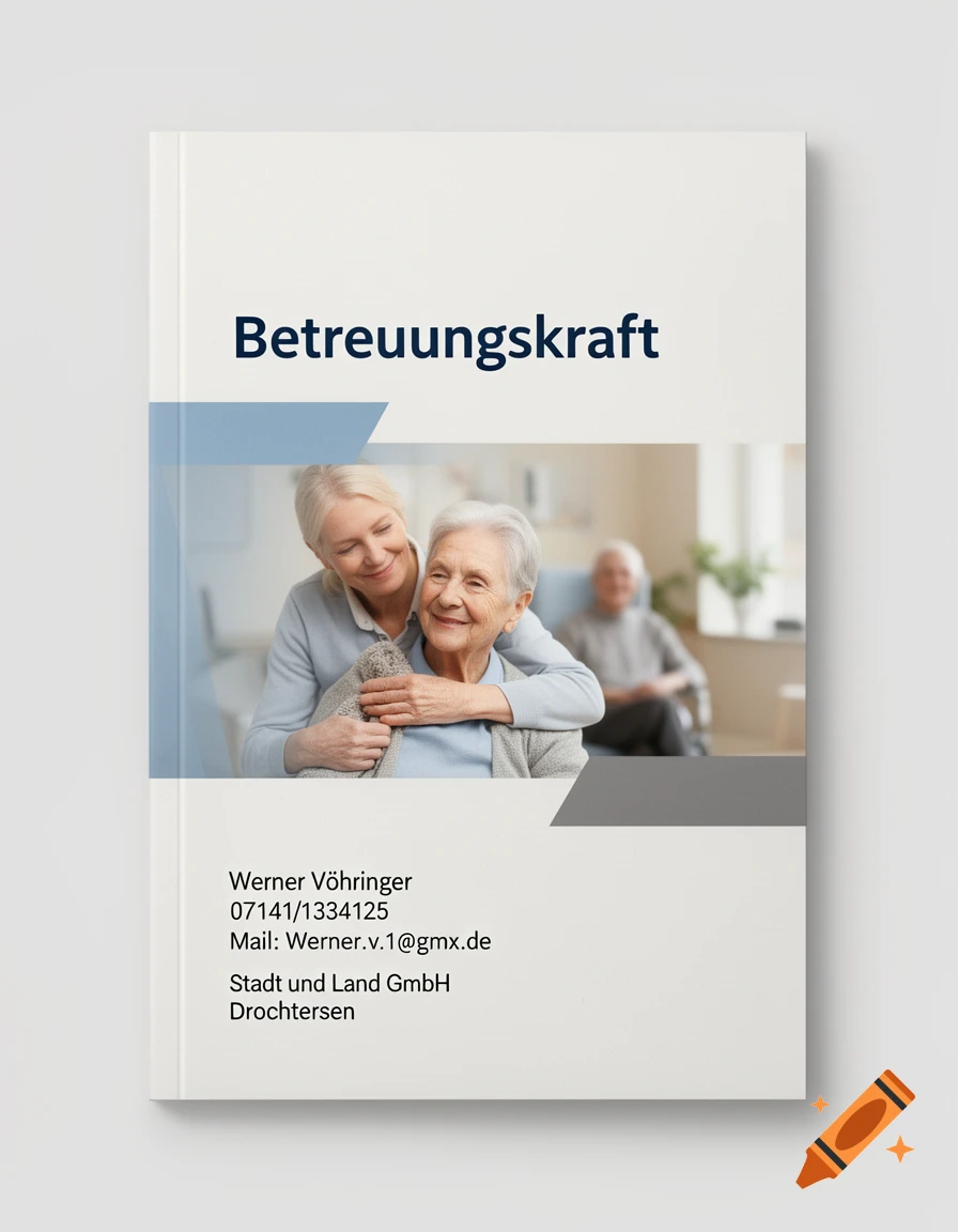A book cover featuring the title Betreuungskraft, a photo of an elderly woman being cared for, and contact details.