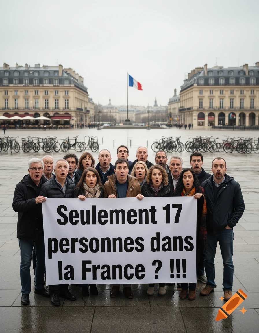 A group of people holding a large banner that reads Seulement 17 personnes dans la France in a European city square.