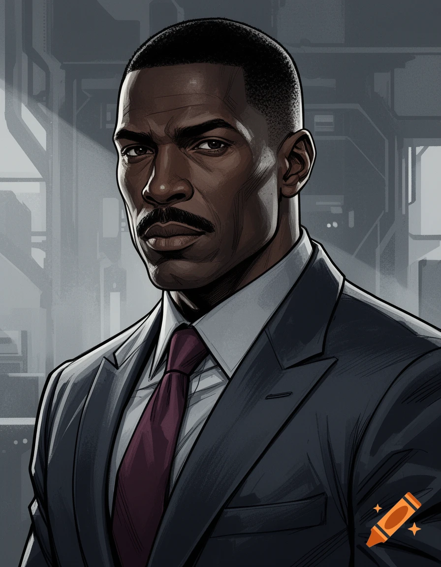 Detailed character portrait of a Black man with a mustache in a business suit, drawn in the style of Yoji Shinkawa.