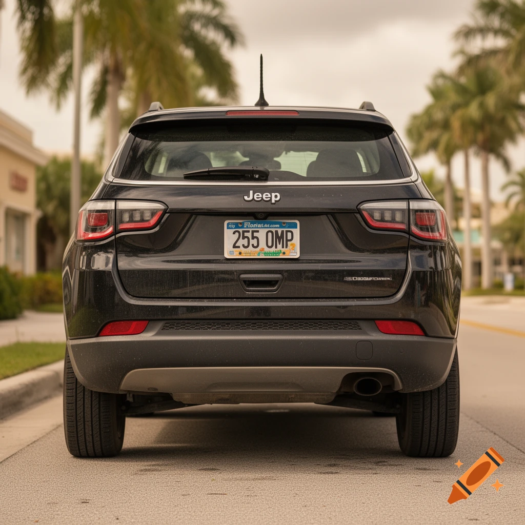 Rear view of a black Jeep Compass parked on an asphalt street with palm trees in the background, featuring a legible Florida license plate.