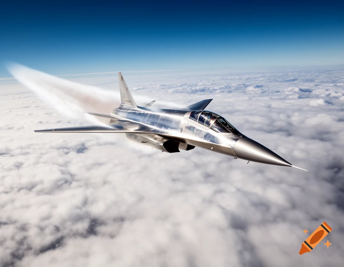 Photorealistic supersonic jet flying above a sea of clouds under a clear blue sky.