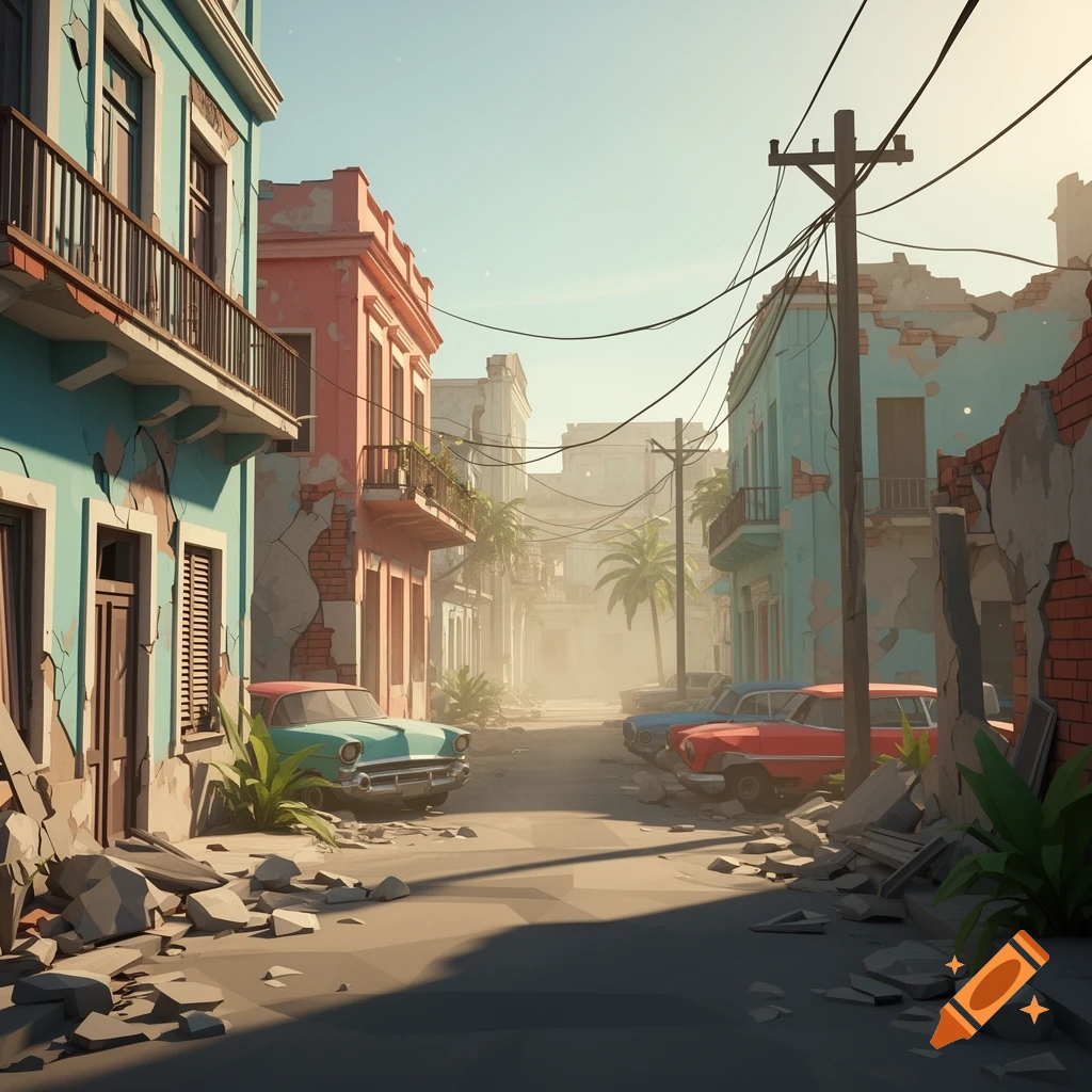 Low poly style scene of a ruined Cuban street with colorful buildings and vintage cars.