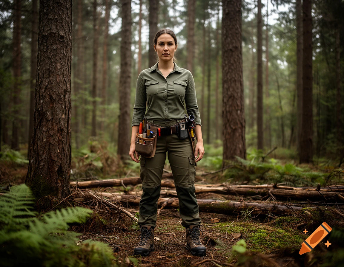 Photorealistic full-body shot of a female forester wearing a green utility shirt and cargo pants, standing in a pine forest.