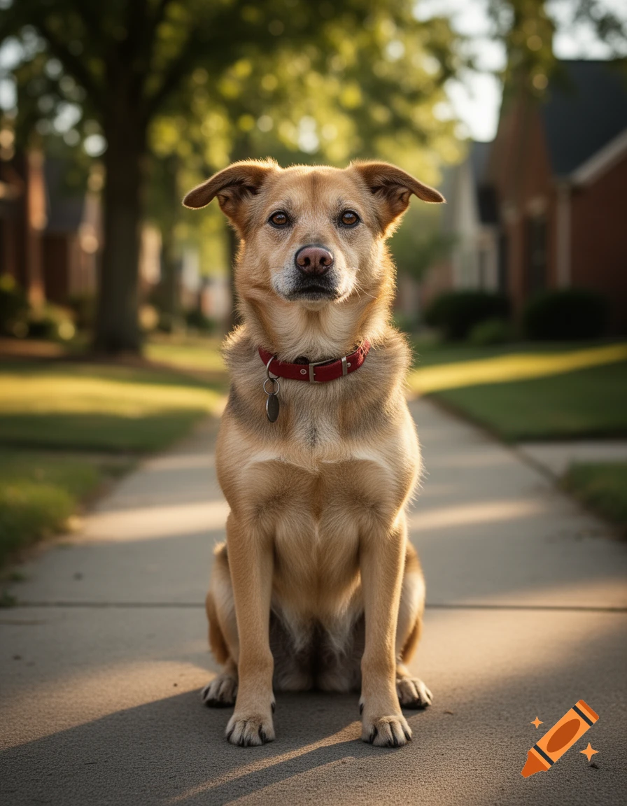 Photorealistic medium shot of a brown dog wearing a red collar sitting on a concrete sidewalk in a residential neighborhood.