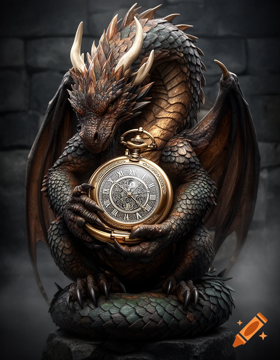 Detailed fantasy art of a dragon holding an ornate golden pocket watch with Roman numerals.