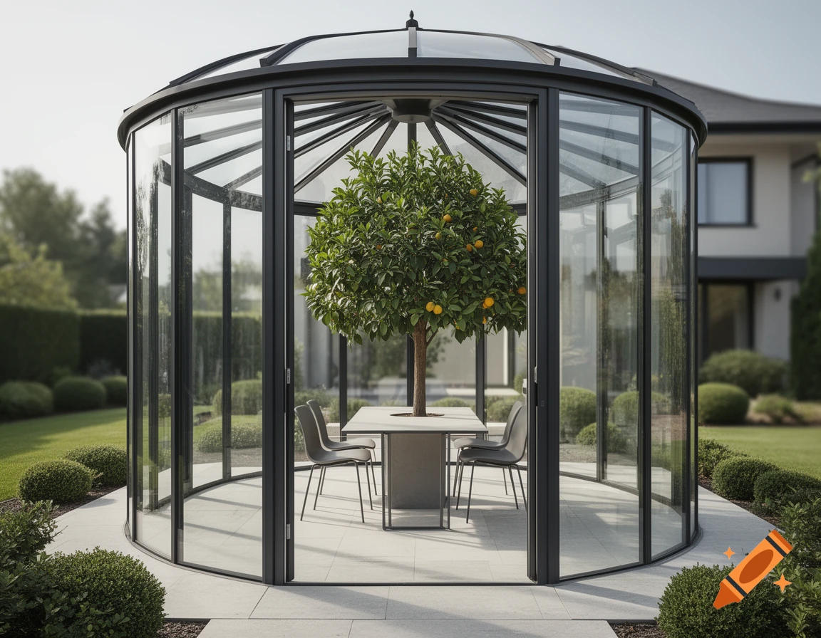 Photorealistic round glass orangery in a modern garden featuring a small citrus tree and table with chairs inside.