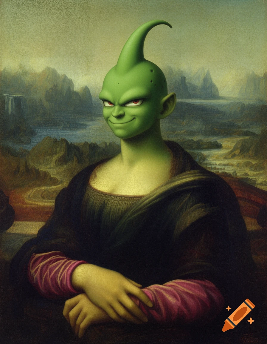 Oil painting parody of the Mona Lisa featuring the character Piccolo from Dragon Bay Z with green skin and alien antennae in a Renaissance pose.