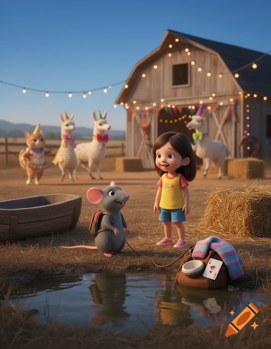 3D animated style image of a little girl, a mouse, cats, and llamas at a farm with a barn.