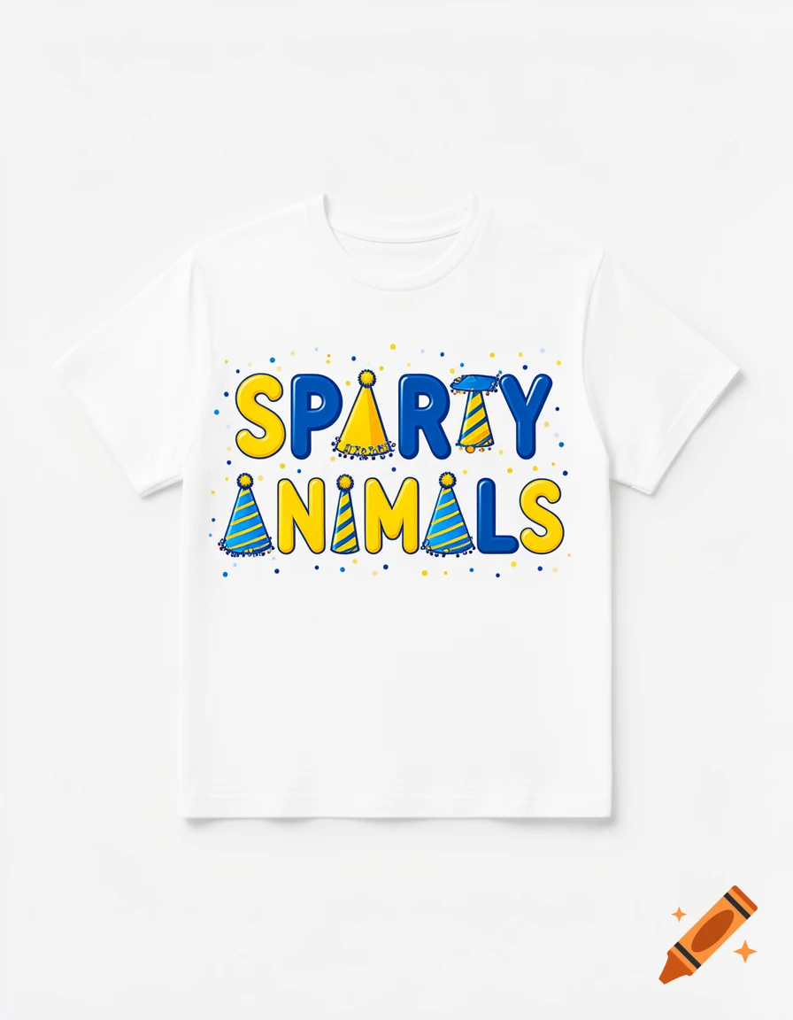 A white t-shirt featuring the text SPARTY ANIMALS with blue and yellow party hats replacing the letter A.