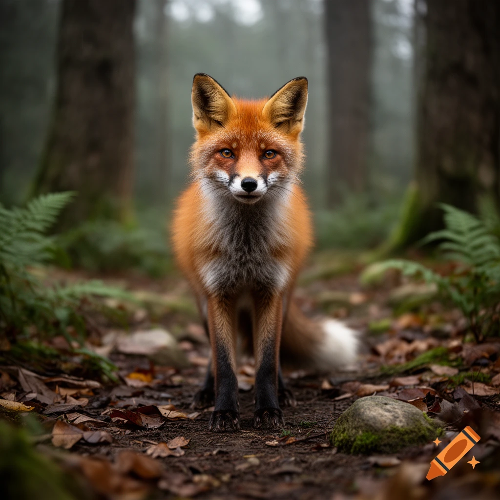 Photorealistic image of a red fox standing in a misty pine forest.