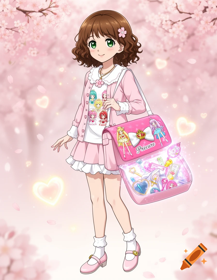 Anime illustration of a smiling 16-year-old girl with brown curly hair, pink cardigan, and a magical shoulder bag, set against cherry blossoms.