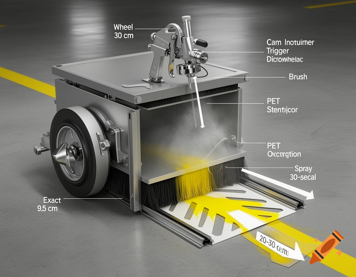 Photorealistic diagram of a mechanical spray cart with labels pointing to components like the wheel, trigger, and brush.