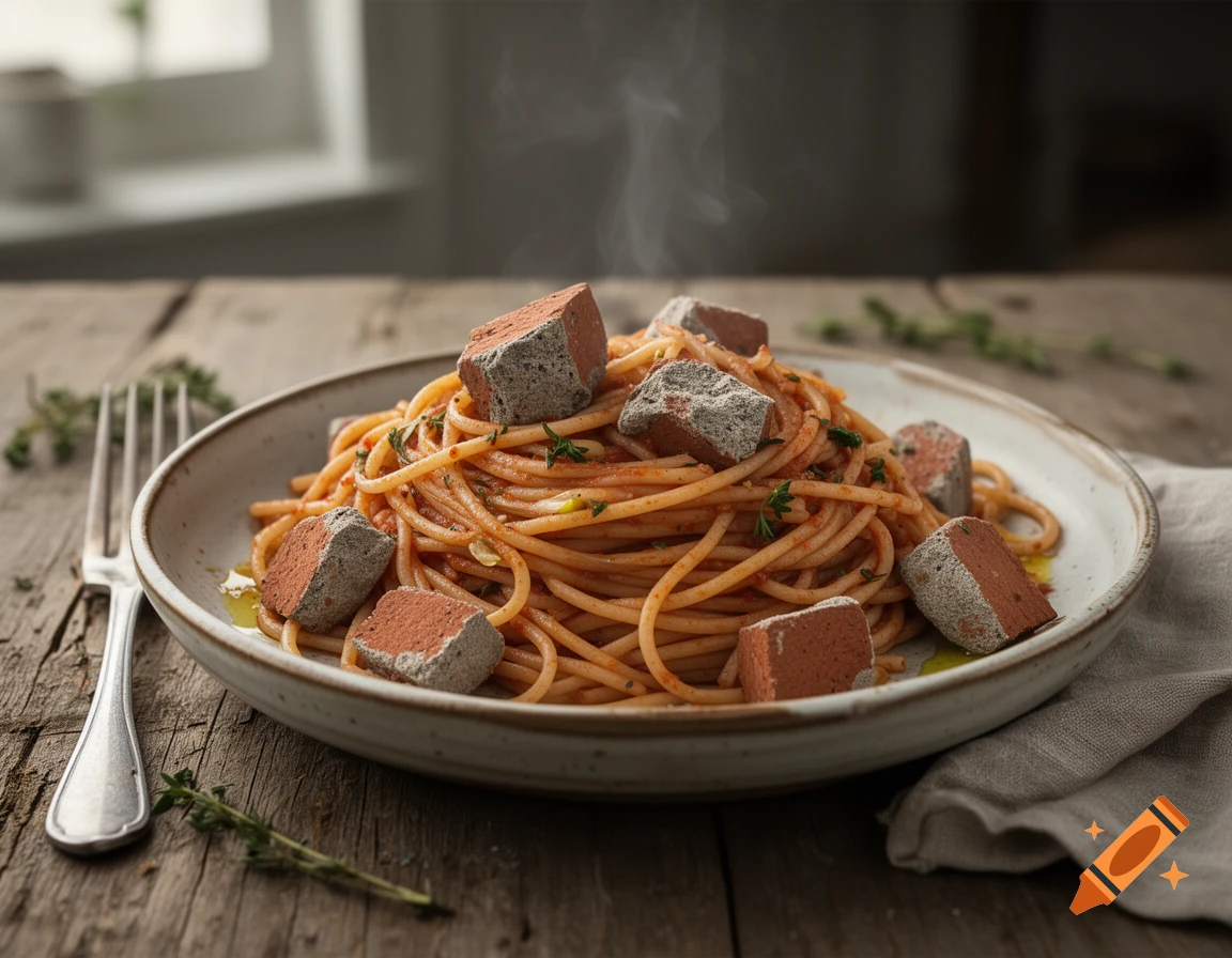 Photorealistic bowl of spaghetti topped with chunks of brick on a wooden table.