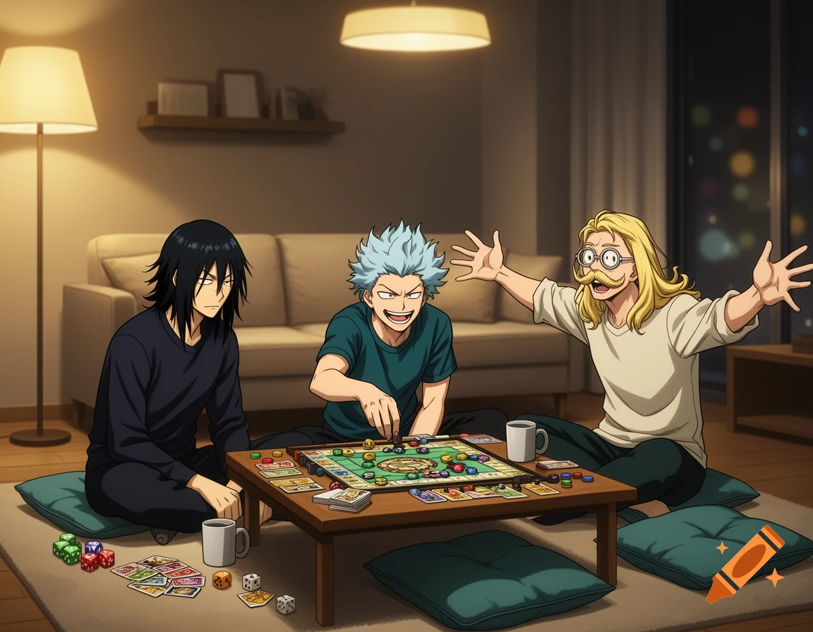 Three anime characters sitting on a floor around a coffee table playing a board game in a cozy living room.