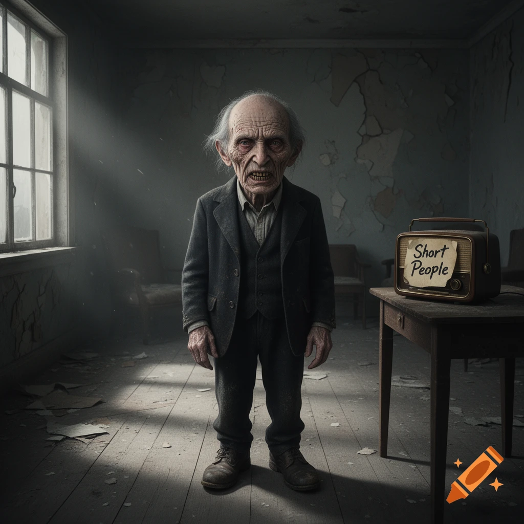 A photorealistic, eerie-looking elderly man standing in a dilapidated, dusty room next to a radio with a note that says Short People.