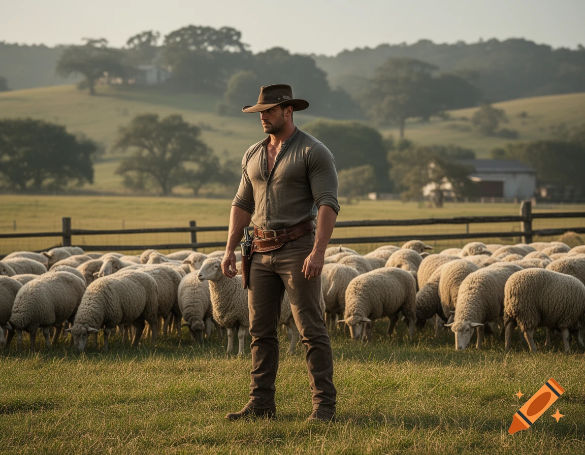 Photorealistic image of a muscular cowboy and shepherd standing in a grassy field with a herd of sheep, with rolling hills in the background.