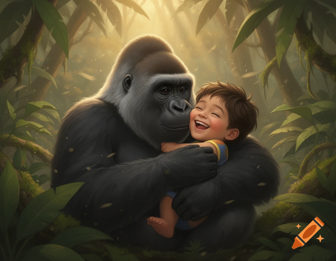 Digital illustration of a large gorilla gently holding and kissing a laughing child in a lush, sunlit jungle.