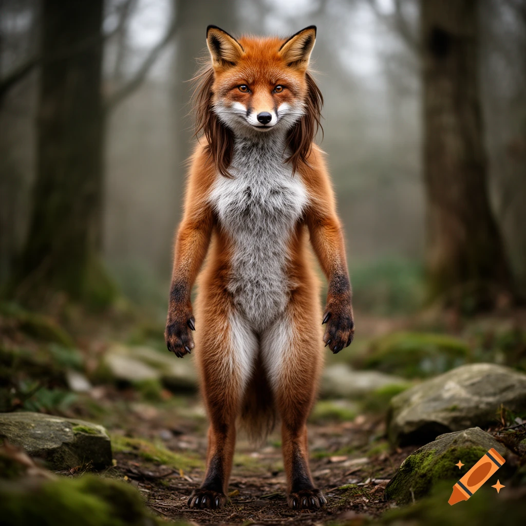 An anthropomorphic female fox with brown hair standing upright in a foggy forest.